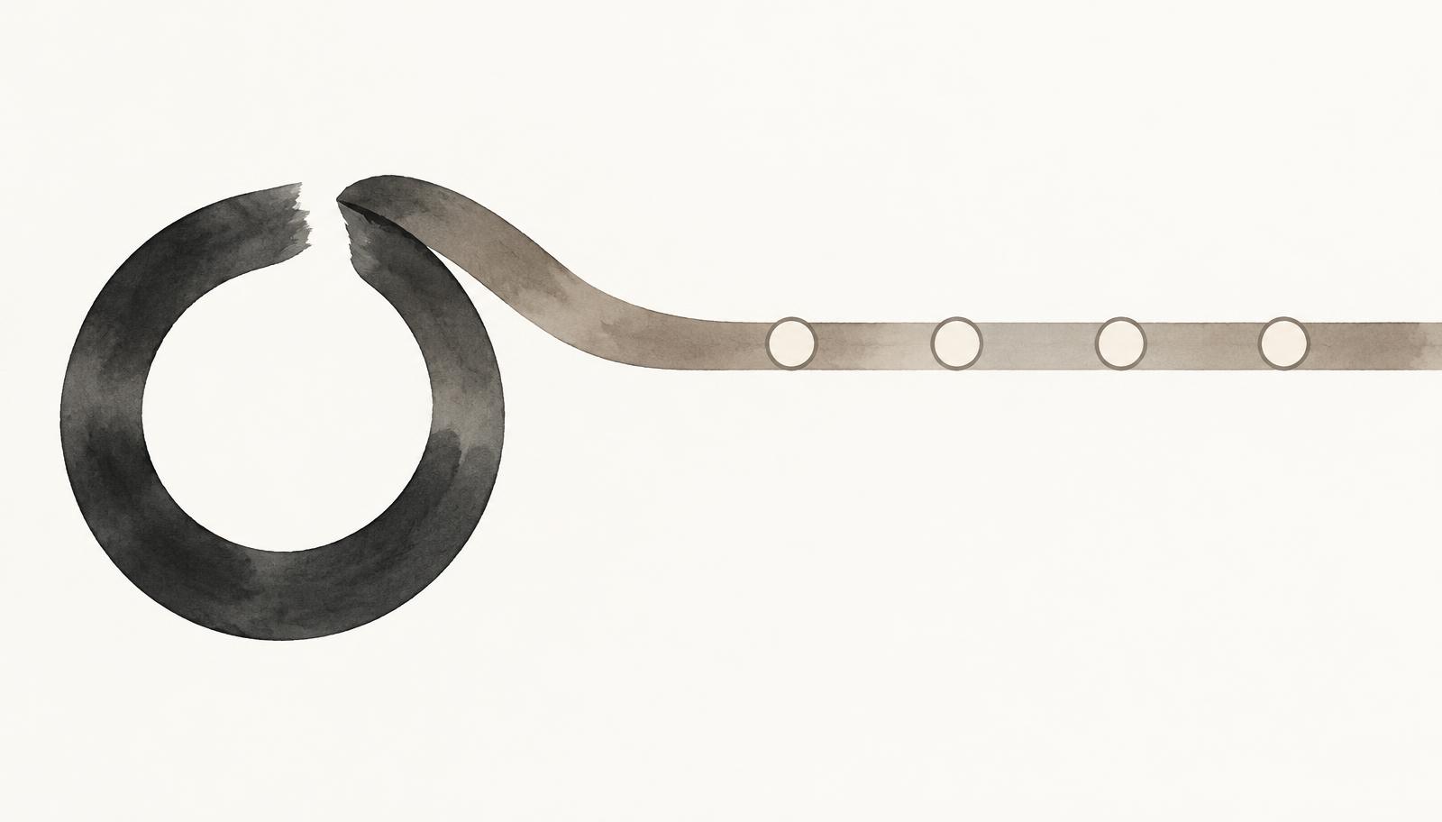 Abstract illustration of a closed loop breaking open into a straight path marked with five milestones