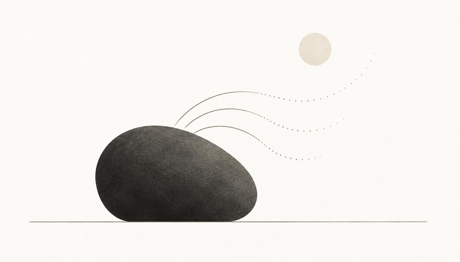 Abstract illustration: a heavy charcoal stone releasing soft taupe arcs into the open